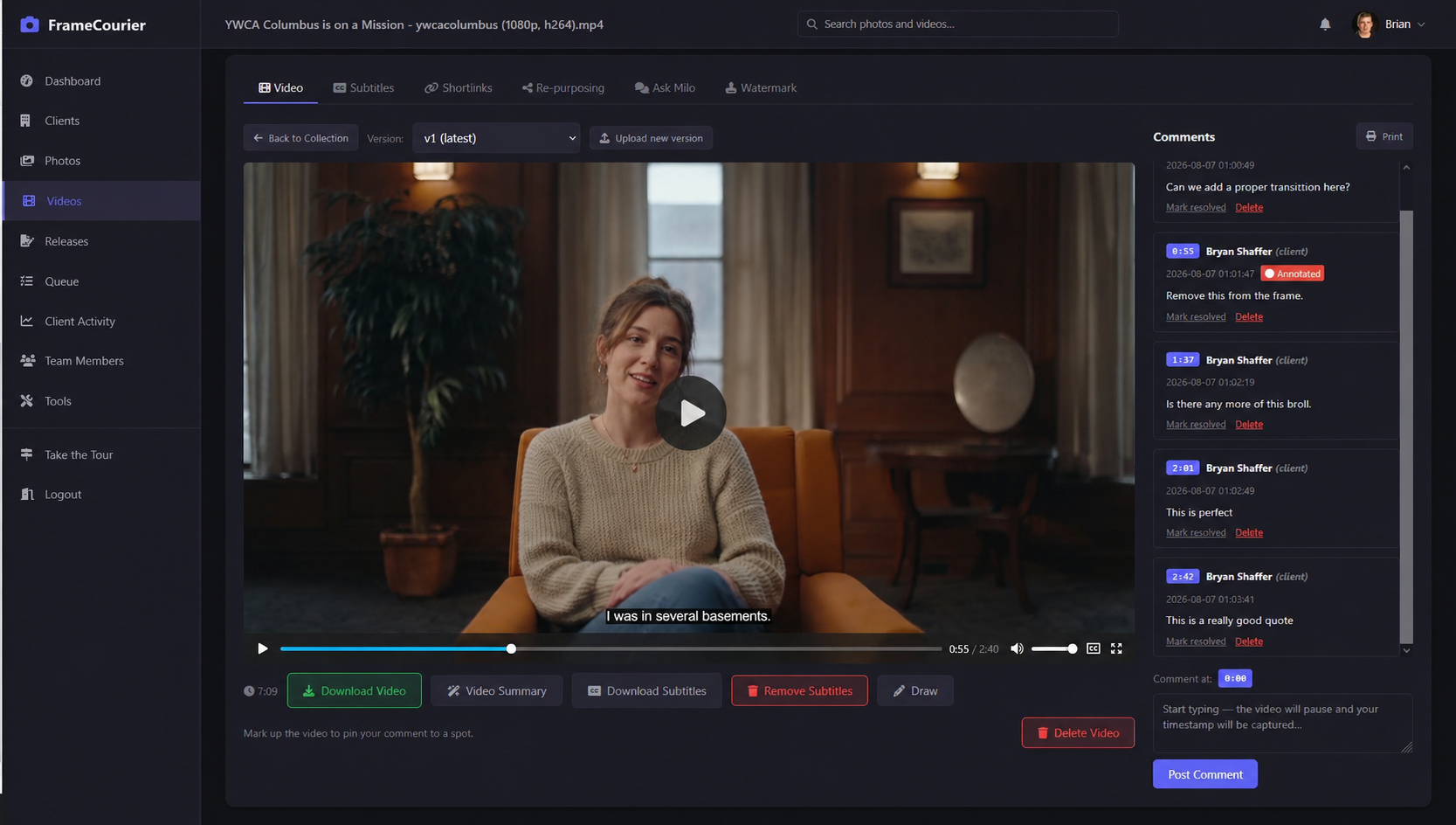 FrameCourier video review interface showing client comments and annotations